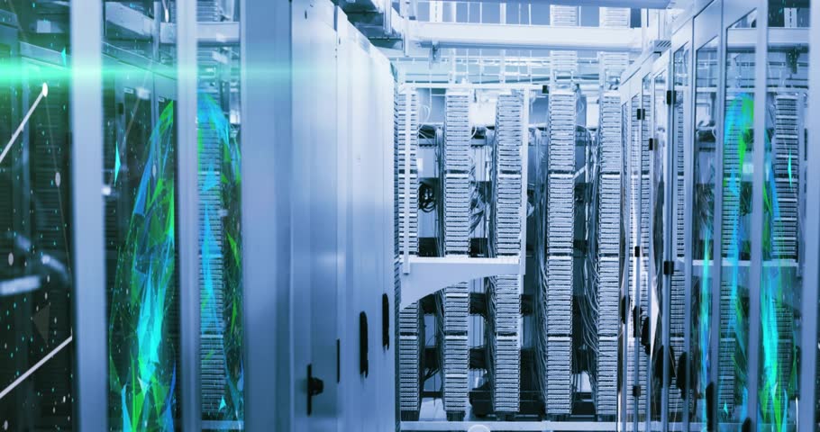 Panning through server racks with green beam drifting, floating UI panels showing engagement. Technology, data center, network, digital, infrastructure, cyber, futuristic