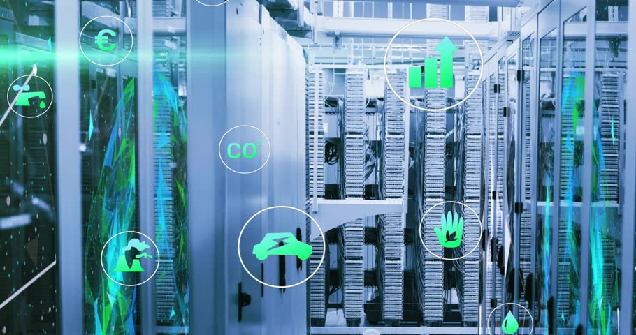 Data center aisle lighting up green icons fading drifting over racks for energy emission monitoring. Technology, sustainability, digital, innovation, infrastructure, environment, networking