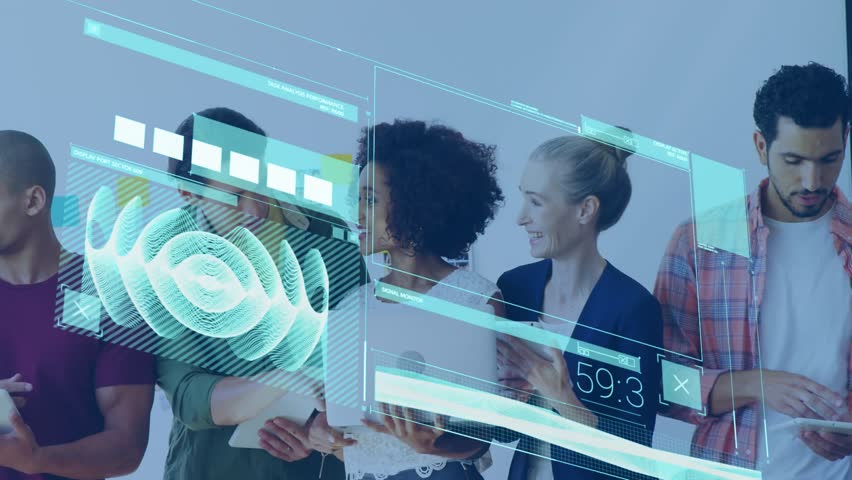 Fifth colleague joining initiating shifting into bar chart and social monitor for business analysis. Collaboration, technology, data, analytics, teamwork, innovation, digital - Powered by Shutterstock - Get 15% off with code: PIKWIZARD15