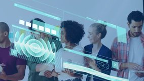 Fifth colleague joining initiating shifting into bar chart and social monitor for business analysis. Collaboration, technology, data, analytics, teamwork, innovation, digital - Powered by Shutterstock - Get 15% off with code: PIKWIZARD15