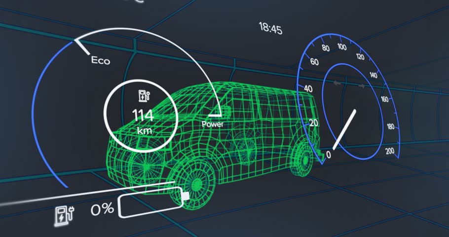 Instrument cluster charging 9% to 100% and discharging to 13%, animating bar, arc to monitor range. Technology, automotive, dashboard, digital, futuristic, eco-friendly, energy