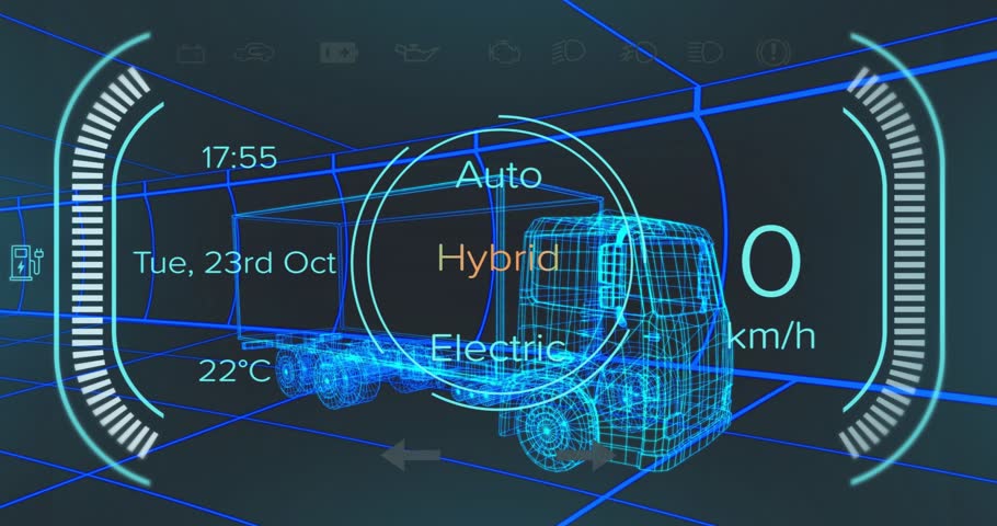 With time hitting 17:55 wireframe truck accelerating and cycling power modes showing performance. Futuristic, digital, automotive, simulation, technology, dynamic, innovation