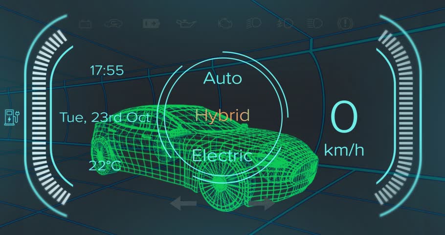 Opening UI shifting modes Auto Electric Hybrid as speed rising, falling on car showing control. Futuristic, digital, virtual, sleek, dynamic, high-tech, interface