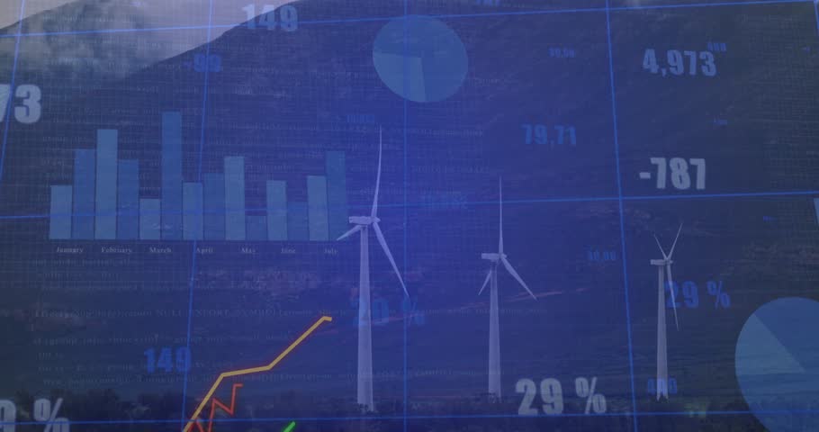 Data overlay projecting across wind farm, orange line climbing while green spike showing efficiency. Renewable energy, sustainable, data analytics, visualization, technology, eco-friendly, industrial