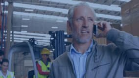 Warehouse manager speaking on phone activating network icons for data and scanning clipboard. Logistics, connectivity, analytics, factory, supervision, digital, industrial - Powered by Shutterstock - Get 15% off with code: PIKWIZARD15