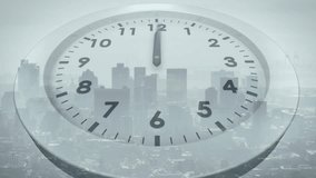 Opening showing clock face hands sweeping to twelve over muted skyline, demonstrating time lapse. Time, urban, minimalism, motion, abstract, cityscape, progress - Powered by Shutterstock - Get 15% off with code: PIKWIZARD15