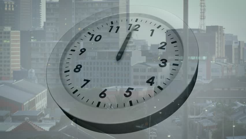 On start analog clock hands sweeping from 1 to 1 15 over cityscape showing time passing. Urban, skyline, architecture, time, passage, measurement, modern