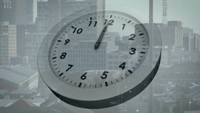 On start analog clock hands sweeping from 1 to 1 15 over cityscape showing time passing. Urban, skyline, architecture, time, passage, measurement, modern - Powered by Shutterstock - Get 15% off with code: PIKWIZARD15