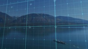 Digital grid overlaying mountain lake while cargo vessel moving across still water for mapping. Technology, innovation, landscape, tranquility, futuristic, exploration, serenity - Powered by Shutterstock - Get 15% off with code: PIKWIZARD15
