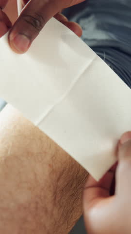 Hands, application or pain relief patch on arm for muscle tension management, adhesive or body care. Discomfort treatment, heat pad or people with health product for ache, recovery remedy or wellness