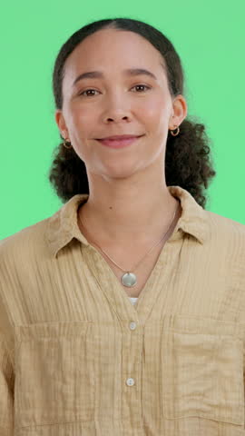 Face, woman and student with green screen in studio for education, learning and knowledge development. Portrait, person and happy for scholarship opportunity, university program and college course