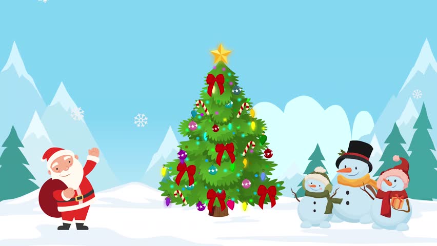 Joyful Santa Claus waves hello to happy snowmen family near a brightly decorated Christmas tree in a winter wonderland, perfect for holiday greetings and festive celebrations. - Powered by Shutterstock - Get 15% off with code: PIKWIZARD15