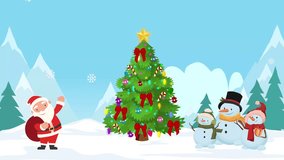 Joyful Santa Claus waves hello to happy snowmen family near a brightly decorated Christmas tree in a winter wonderland, perfect for holiday greetings and festive celebrations. - Powered by Shutterstock - Get 15% off with code: PIKWIZARD15