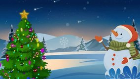Joyful snowman greets you by a twinkling decorated Christmas tree under a starry winter night sky with falling snow and distant mountains - Powered by Shutterstock - Get 15% off with code: PIKWIZARD15