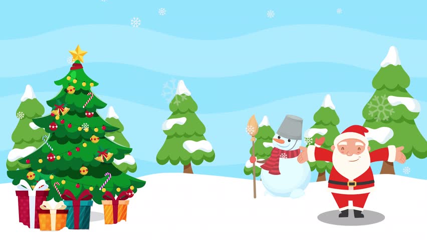 Joyful Santa Claus and cheerful snowman celebrate snowy Christmas Eve amidst decorated trees and gift-wrapped presents, ready for holiday festivities and winter wonderlands - Powered by Shutterstock - Get 15% off with code: PIKWIZARD15