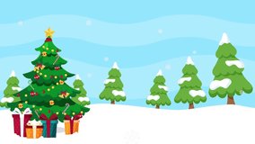 Vibrant animated Christmas scene unfolds with a beautifully decorated evergreen tree adorned with ornaments and gifts piled high under a snowy sky with falling snowflakes and snow-covered trees - Powered by Shutterstock - Get 15% off with code: PIKWIZARD15