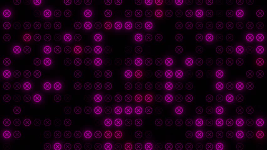 Neon Glowing Pink Magenta X Circles Digital Grid Pattern Loop Background, Abstract Pink Neon X Grid Digital Background Loop Futuristic Technology Pattern With Pulsating Magenta Cross Icons
