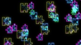 Neon Digital Puzzle Pieces With Tech Icons Ai, Connectivity, Data, Problem Solving, And Cybersecurity. Futuristic Abstract Network On Black. Vibrant Neon Puzzle Pieces With Digital Tech Icons - Powered by Shutterstock - Get 15% off with code: PIKWIZARD15