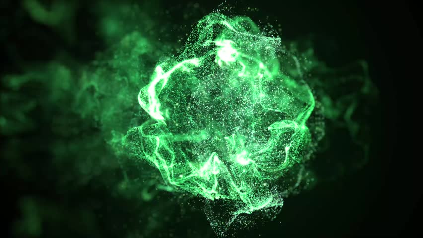Green particle streams collide and fuse into a luminous energy burst—clean sci‑fi VFX.
