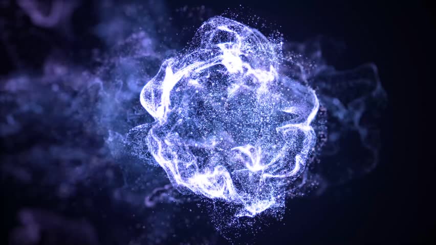 Powerful purple particle collision and fusion—glowing sci‑fi energy burst on dark.