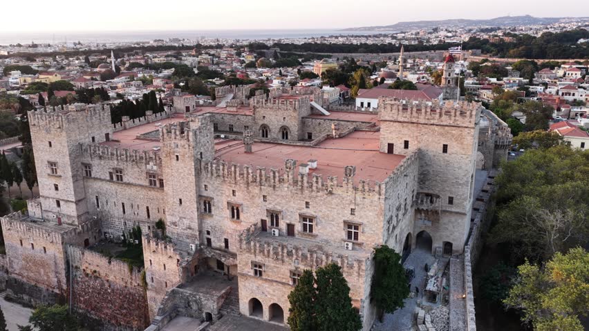 Palace of the grand master of the knights of rhodes Greece is captured from above in an aerial view