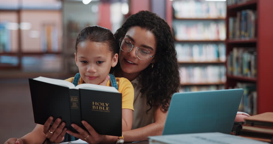 Library, child and woman with bible, reading and devotion with book, teaching or spiritual knowledge. Learn, theology and person with holy scripture for religion, tutor and explaining belief to girl