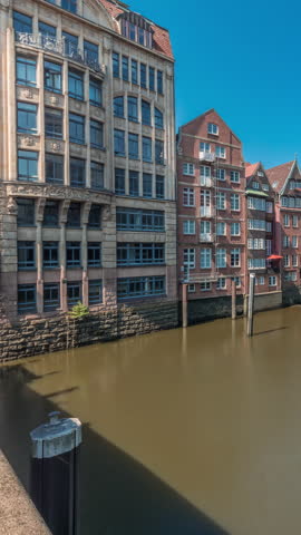 Panorama showing Kleines Dock along the northern Elbe Canal aerial timelapse in Hamburg, Germany. Picturesque cafes and historic brick houses line serene waterfront, perfect for enjoying tidal views