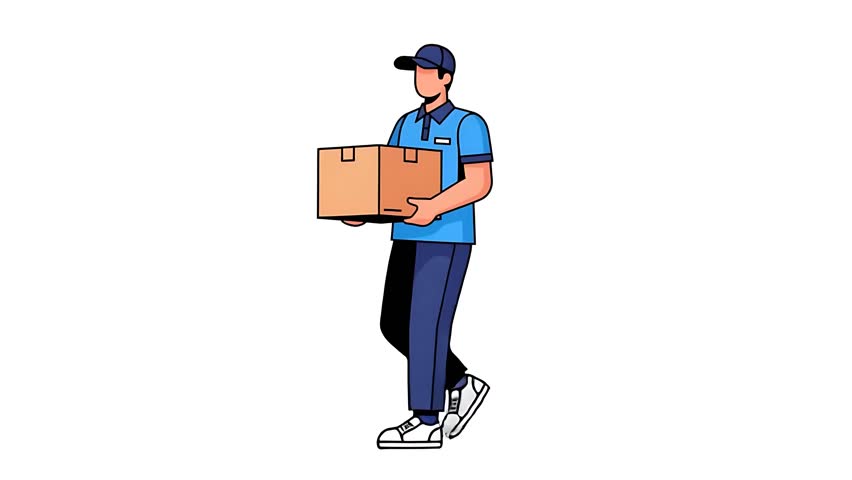 Delivery Man Carrying Cardboard Box on White Screen Background