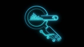 A cyan neon magnifying glass with a search bar and data bars, connected to circuit board elements, glows against a black background. - Powered by Shutterstock - Get 15% off with code: PIKWIZARD15