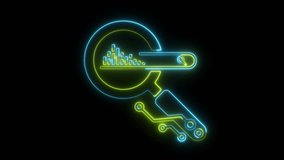 A neon magnifying glass with a search bar and data bars, connected to circuit board elements, glows against a black background. - Powered by Shutterstock - Get 15% off with code: PIKWIZARD15