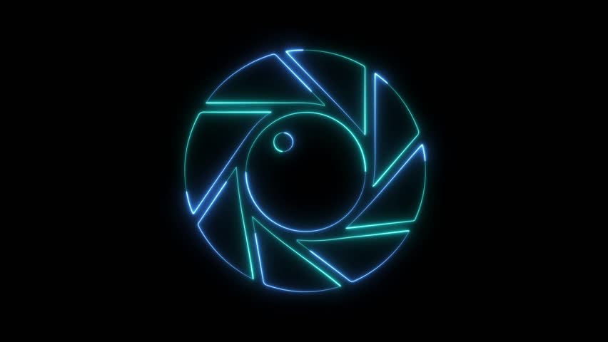 A camera lens with a black background and a red and orange neon aperture symbol