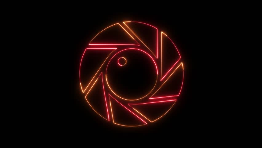 A camera lens with a black background and a red and orange neon aperture symbol