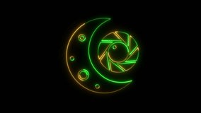 Neon crescent moon and aperture symbol with green glow on black background camera - Powered by Shutterstock - Get 15% off with code: PIKWIZARD15