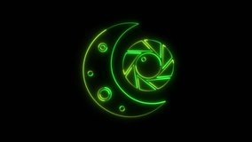 Neon crescent moon and aperture symbol with green glow on black background camera - Powered by Shutterstock - Get 15% off with code: PIKWIZARD15