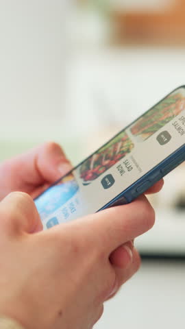 Hands, phone screen and food delivery with menu at office, choice and scroll with e commerce. Person, smartphone ui and click for meal, online shopping and decision with purchase on web at workplace