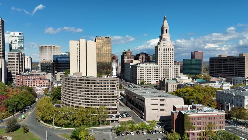 Hartford, Connecticut. 10-22-2025. Aerial view of downtown Hartford, Connecticut, showcasing city skyline, historic buildings, and urban life under beautiful skies.