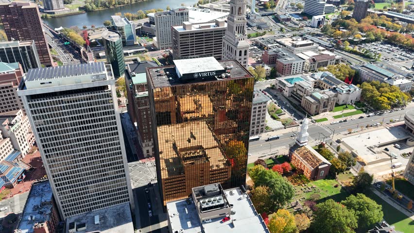Hartford, Connecticut. 10-22-2025. Aerial view of downtown Hartford, Connecticut, showcasing city skyline, historic buildings, and urban life under beautiful skies.