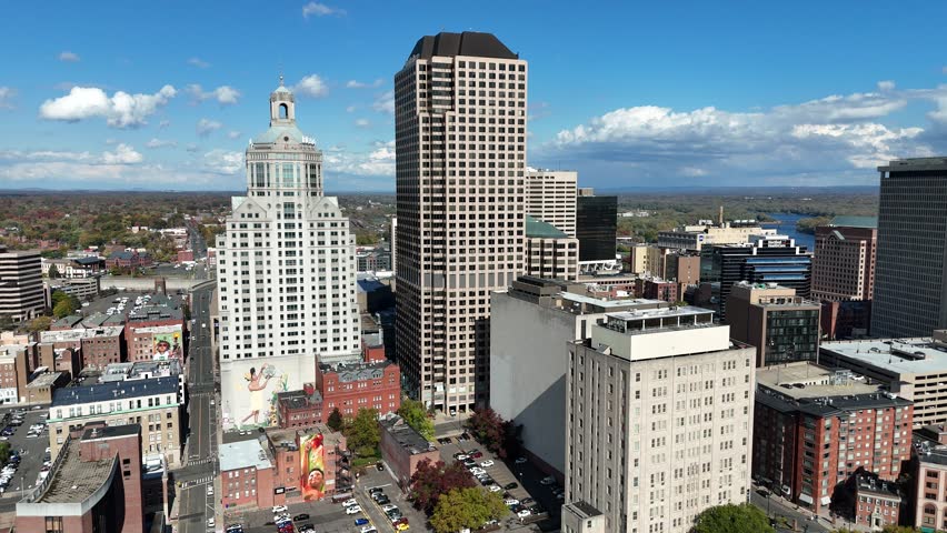 Hartford, Connecticut. 10-22-2025. Aerial view of downtown Hartford, Connecticut, showcasing city skyline, historic buildings, and urban life under beautiful skies.