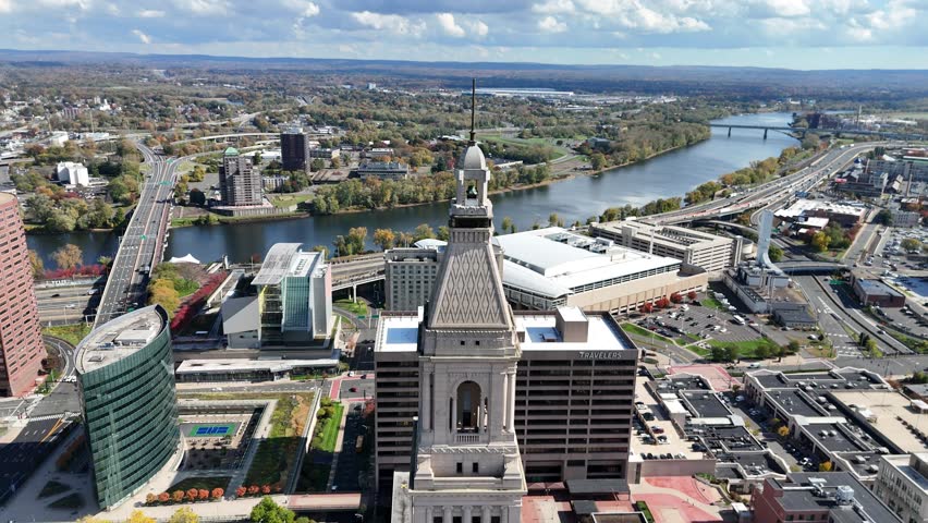 Hartford, Connecticut. 10-22-2025. Aerial view of downtown Hartford, Connecticut, showcasing city skyline, historic buildings, and urban life under beautiful skies.