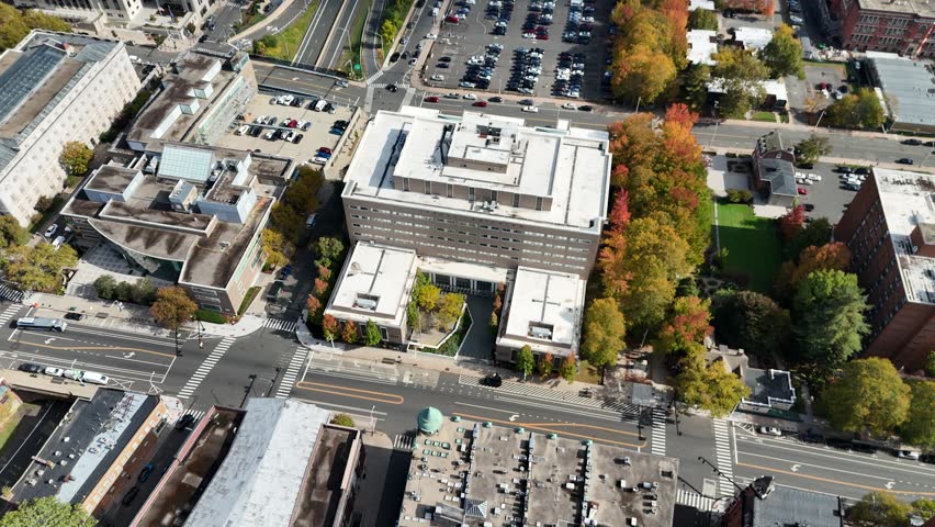 Hartford, Connecticut. 10-22-2025. Aerial view of downtown Hartford, Connecticut, showcasing a court.