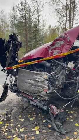 Vertical screen: Closeup of a crashed car front with crumpled metal exposed engine and broken parts daylight scene showing vehicle damage after accident symbol of danger and destruction