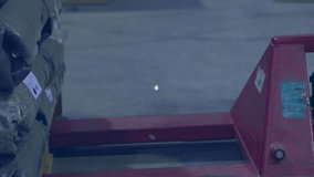 Cart icon appearing triggers worker pulling pallet jack, data nodes expanding to show supply chain. Logistics, supply chain, data visualization, industrial, warehouse, analytics, commerce - Powered by Shutterstock - Get 15% off with code: PIKWIZARD15