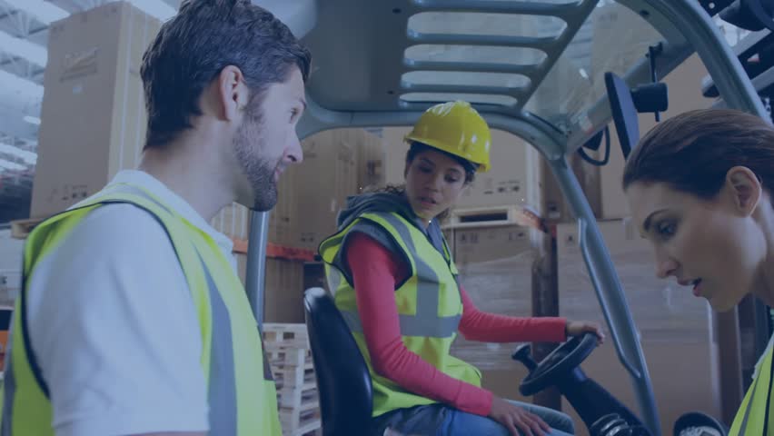 Warehouse supervisor pointing, network icons linking clipboard controls syncing forklift operator. Collaboration, inventory, logistics, industrial, technology, teamwork, digital - Powered by Shutterstock - Get 15% off with code: PIKWIZARD15