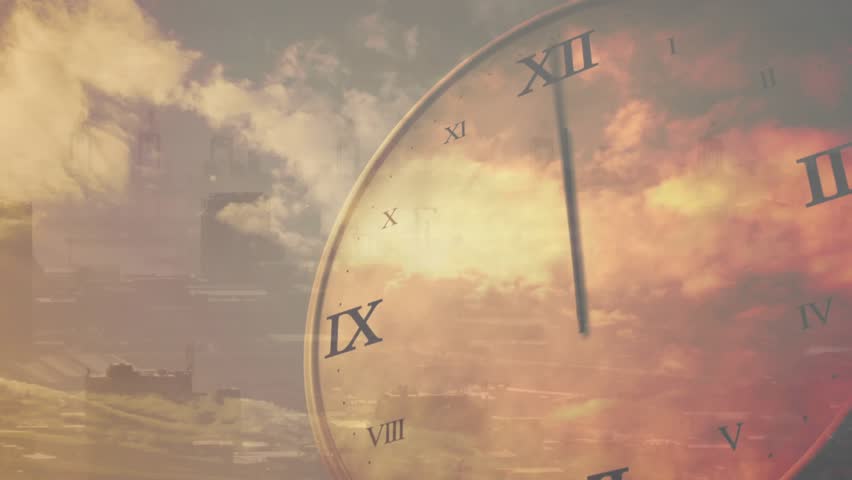 Upon roman clock face appearing rotating hands passing over skyline and clouds showing time lapse. Time, dusk, dawn, urban, silhouette, transition, movement - Powered by Shutterstock - Get 15% off with code: PIKWIZARD15