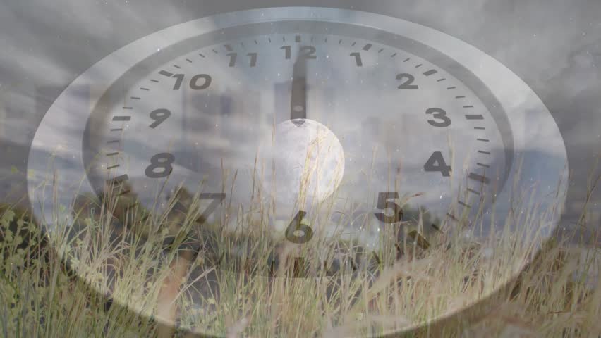 When second hand ticks, analog clock face rotating hands and shifting sky illustrating time passage. Timing, transition, celestial, landscape, minimalism, symbolism, contemplative - Powered by Shutterstock - Get 15% off with code: PIKWIZARD15