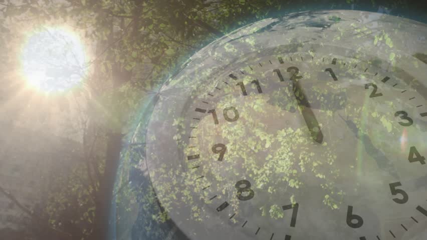Sun shining through leaves causing clock face appearing while hand moving clockwise showing morning. Nature, urban, time, growth, light, perspective, architecture
