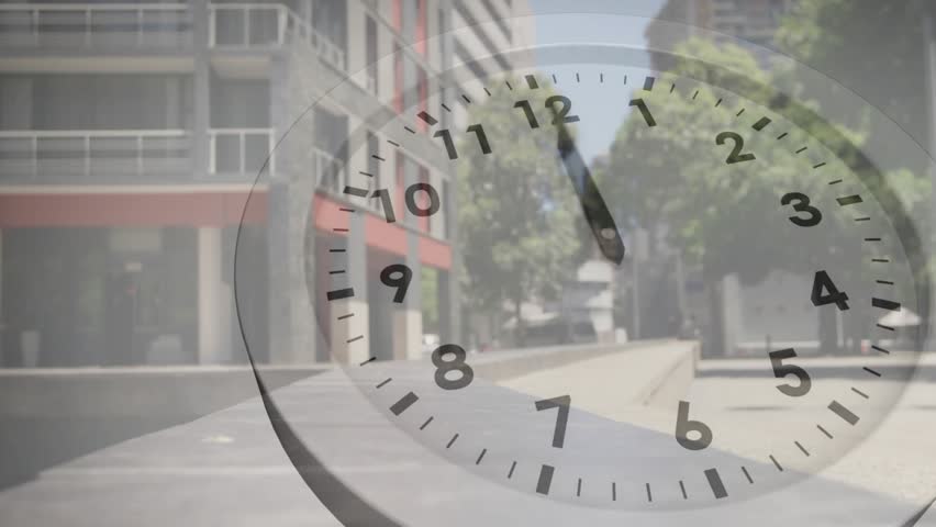 With transparent clock overlay moving, man jogging vaulting bench showing time passing for fitness. Athletic, urban, dynamic, motivation, fitness, streetwear, modern