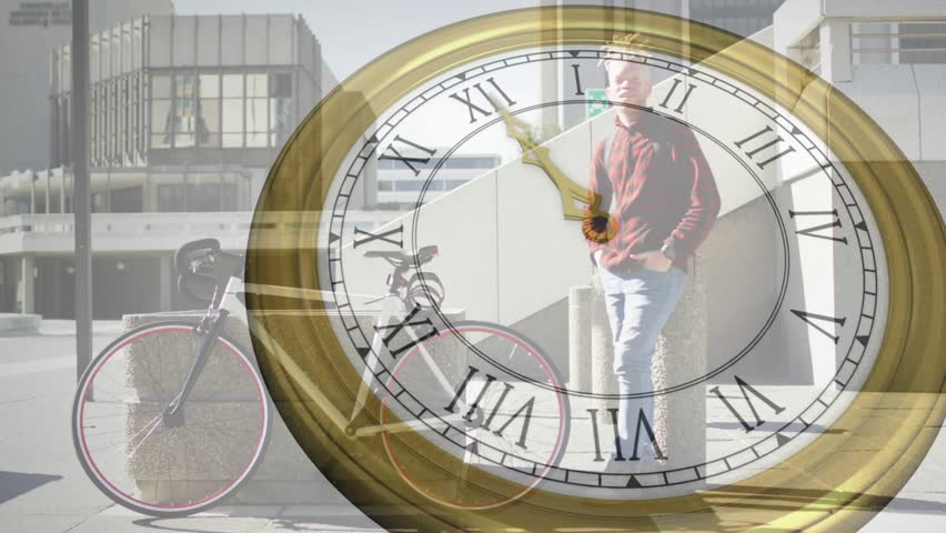 man leaning on bollard shifting stance, analog clock fading in rotating hands marking time in tech. Urban, casual, minimalist, timeless, motion, architecture, youth