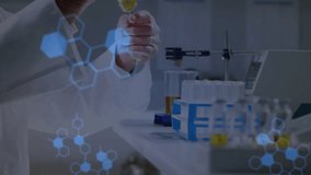 Lab scientist picking vial pipetting yellow liquid while DNA helix code updating for analysis. Biotechnology, research, diagnostics, innovation, precision, digital, molecular - Powered by Shutterstock - Get 15% off with code: PIKWIZARD15