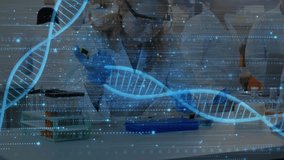 Lab tech picking up pipette triggers DNA helix overlay and performing pipetting for genetic assay. Science, experimentation, precision, innovation, laboratory, molecular, research - Powered by Shutterstock - Get 15% off with code: PIKWIZARD15